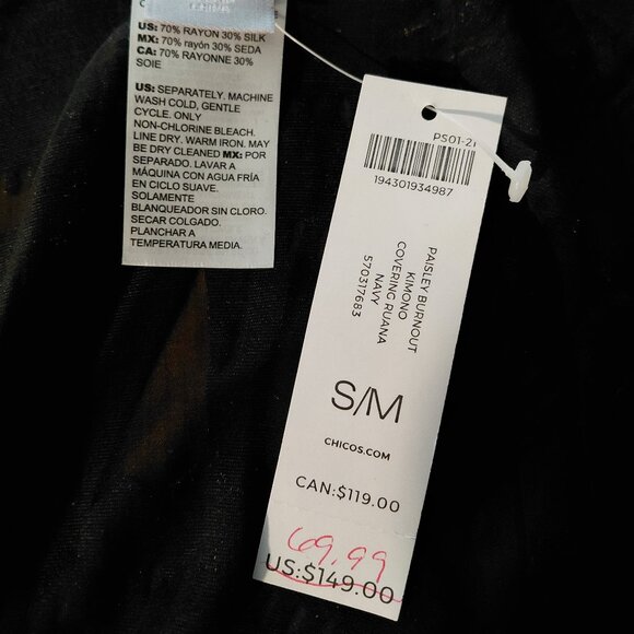 New Chicos Velvet Burnout Kimono Navy Blue Black Boho Western Whimsigoth - Picture 3 of 9